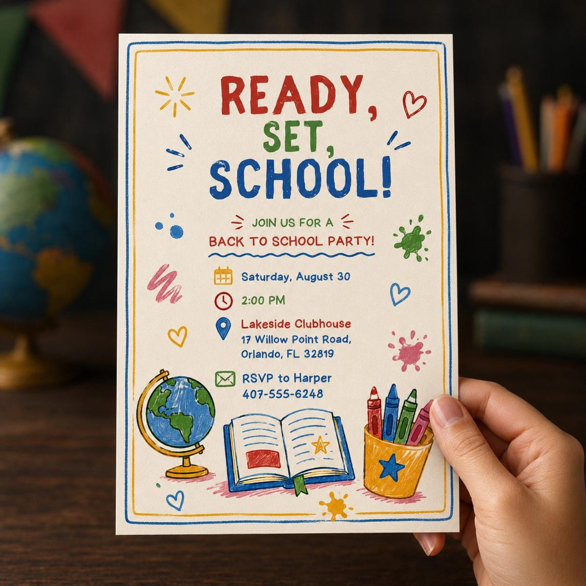 Ready Set School Watercolor Party Invitation — digital invitation, instant download