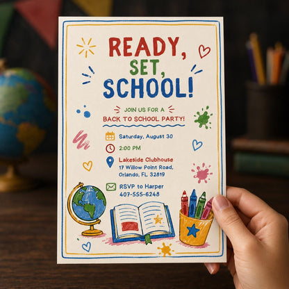 Ready Set School Watercolor Party Invitation — digital invitation, instant download