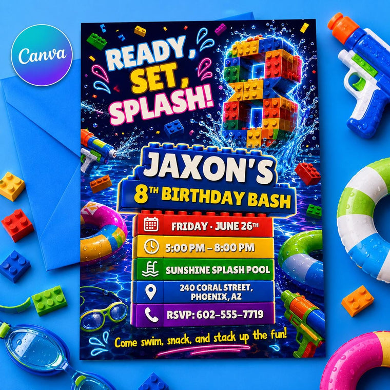 Ready Set Splash Building Block 8th Birthday Invitation