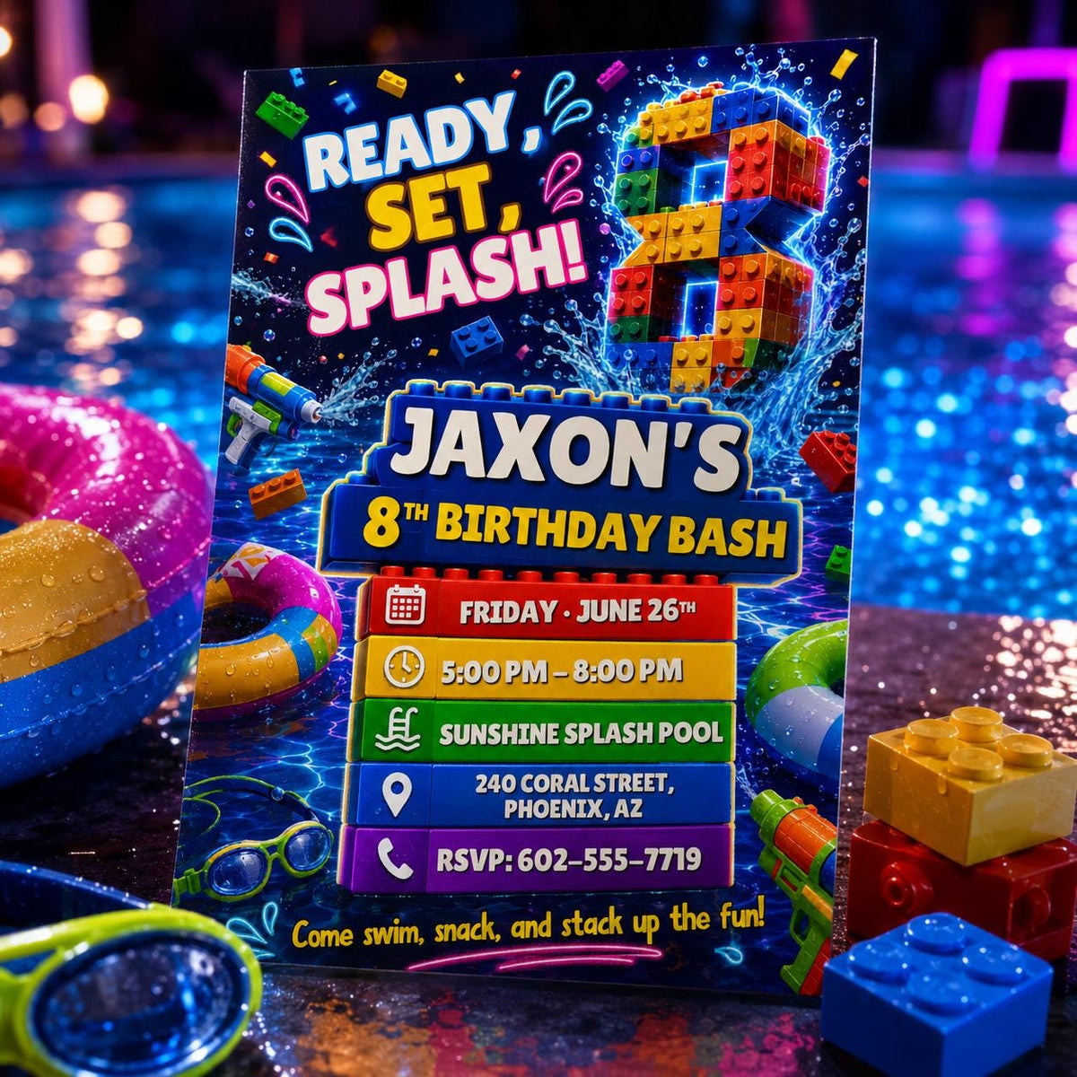 Ready Set Splash Building Block 8th Birthday Invitation — building blocks and pool design for a 8th birthday party