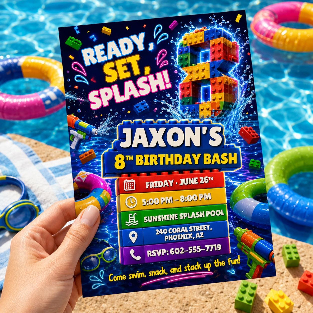 Ready Set Splash Building Block 8th Birthday Invitation in blue