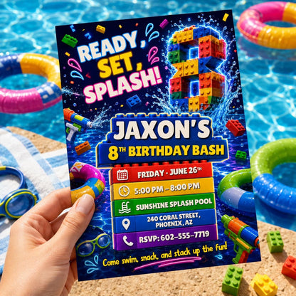Ready Set Splash Building Block 8th Birthday Invitation in blue