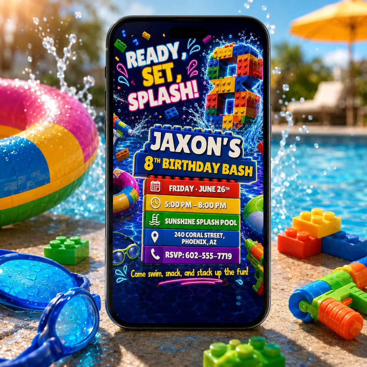 Ready Set Splash Building Block 8th Birthday Invitation — editable Canva template for a 8th birthday party