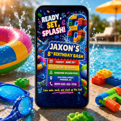Ready Set Splash Building Block 8th Birthday Invitation — editable Canva template for a 8th birthday party