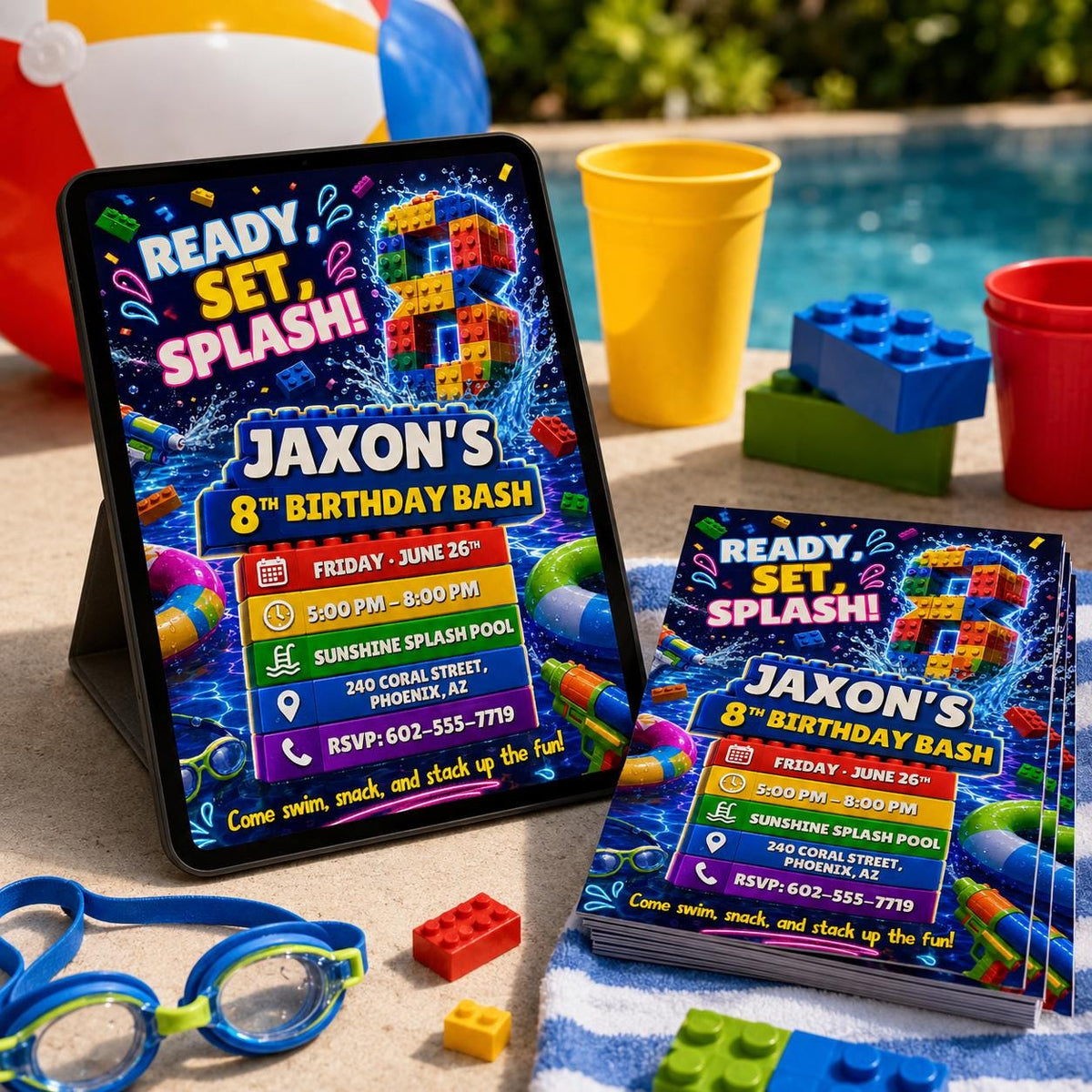 Ready Set Splash Building Block 8th Birthday Invitation — printable invitation from VoltBy