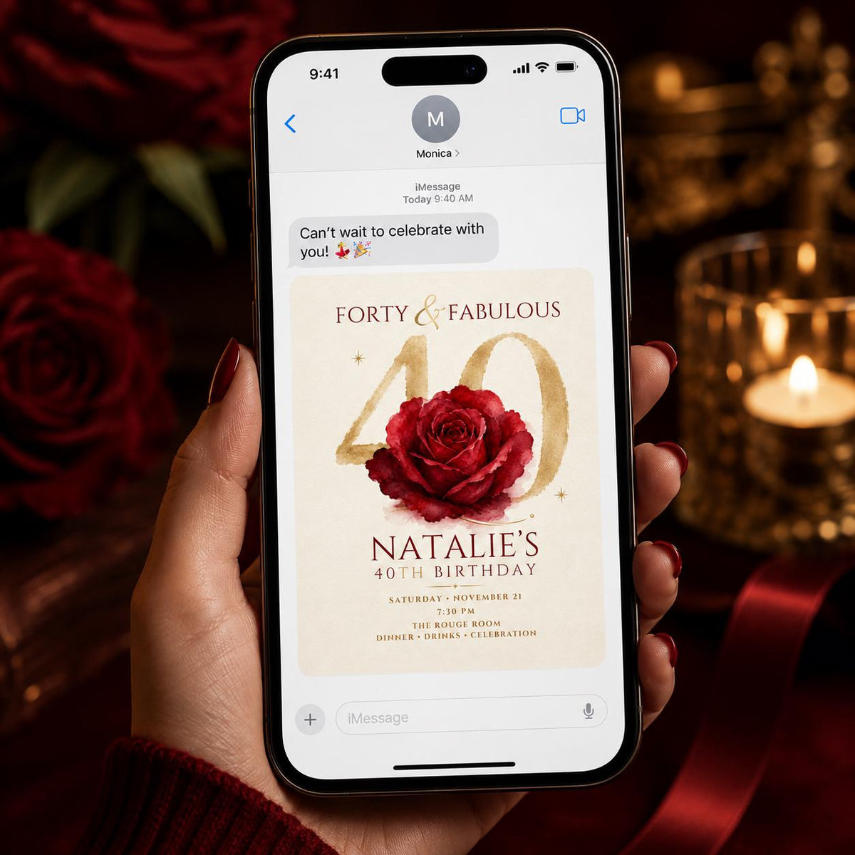 Red 40th Birthday Invitation — rose design