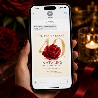 Red 40th Birthday Invitation — rose design