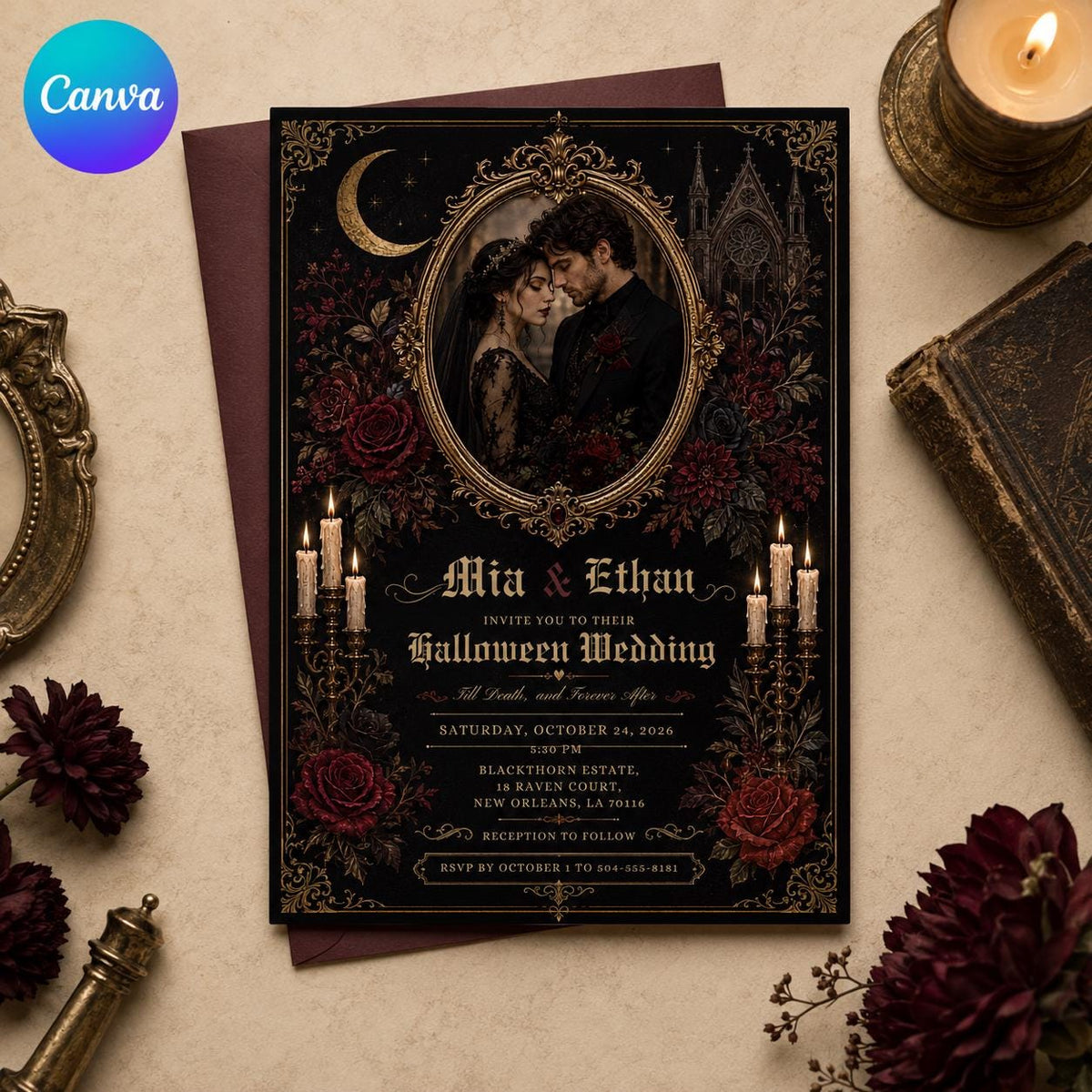 Red and Black Gothic Wedding Invitation — editable Canva template