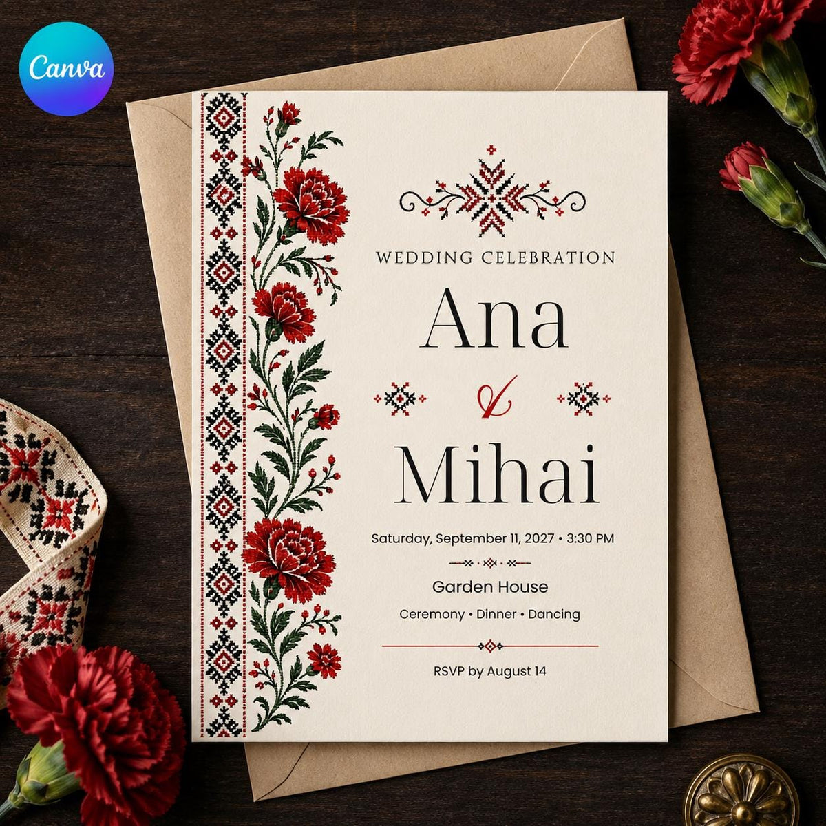 Red and Black Romanian Wedding Invitation — editable Canva template
