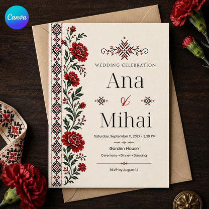 Red and Black Romanian Wedding Invitation — editable Canva template