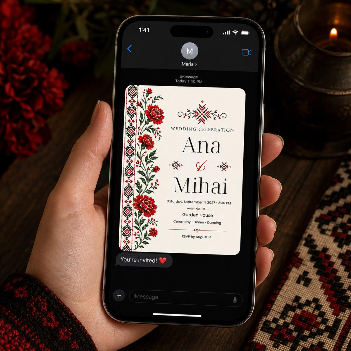 Red and Black Romanian Wedding Invitation — embroidery floral design