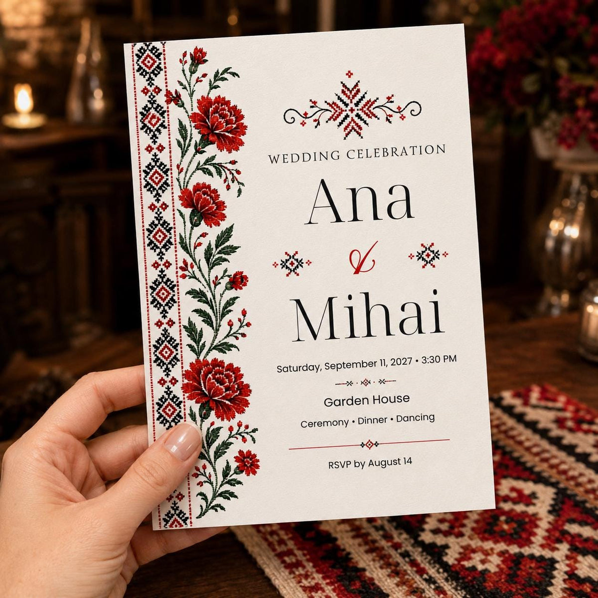 Red and Black Romanian Wedding Invitation — invitation you personalize in Canva
