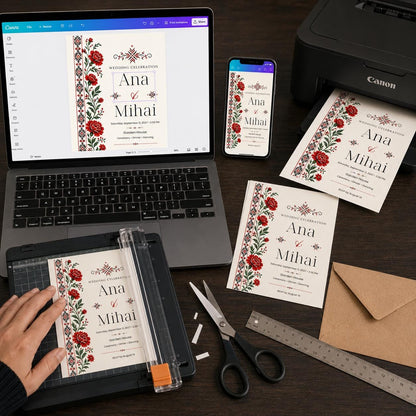 Red and Black Romanian Wedding Invitation — embroidery wedding design