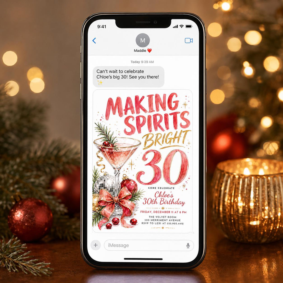 Red and Gold 30th Birthday Christmas Invitation — cocktail design