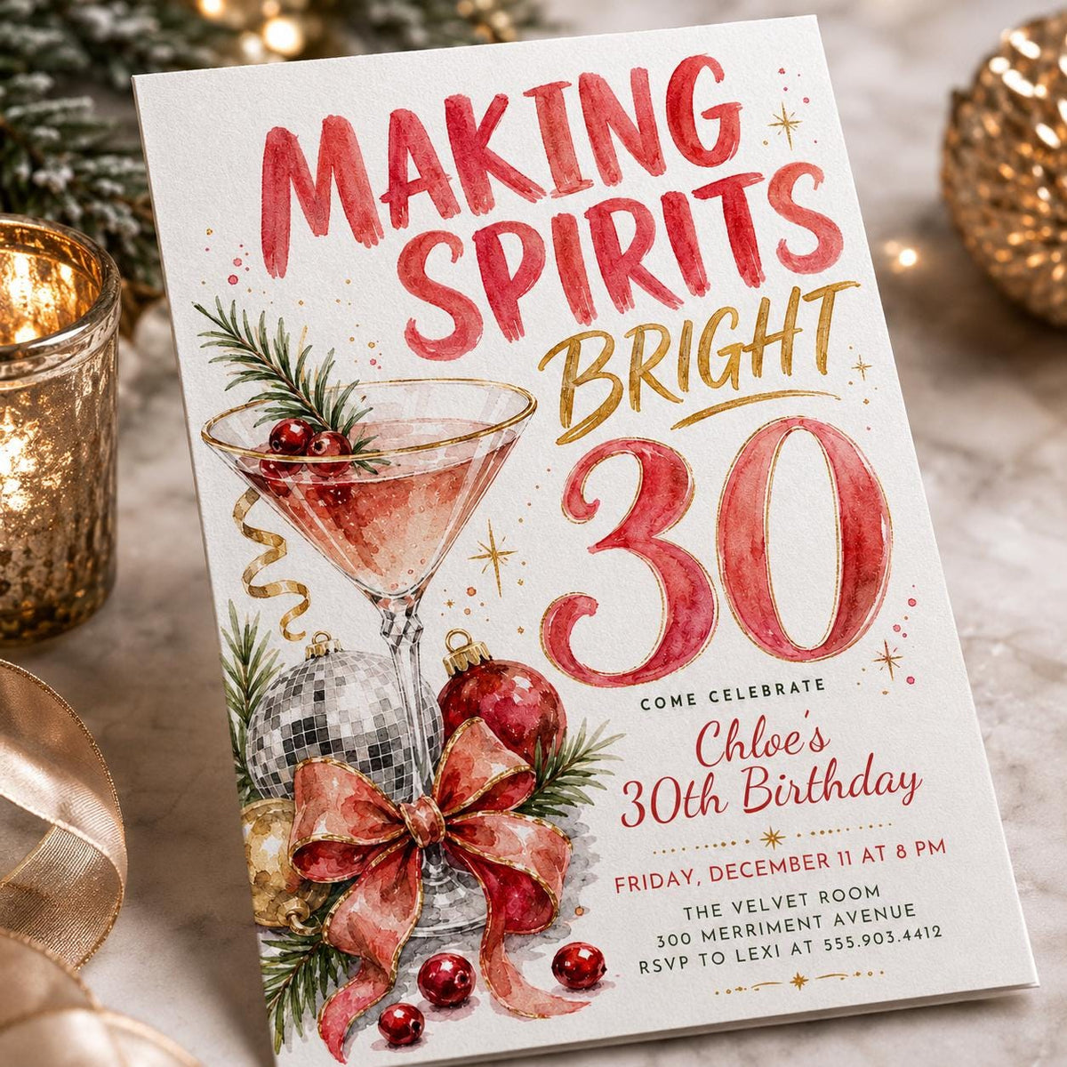 Red and Gold 30th Birthday Christmas Invitation — digital invitation, instant download