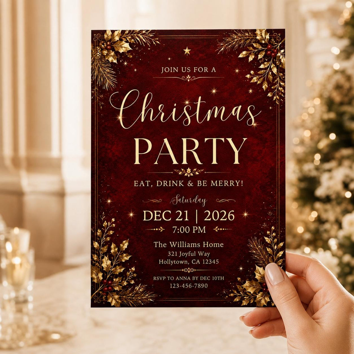 Red and Gold Christmas Party Invitation: Elegant Red Gold Holiday Dinner — print-ready Christmas celebration design