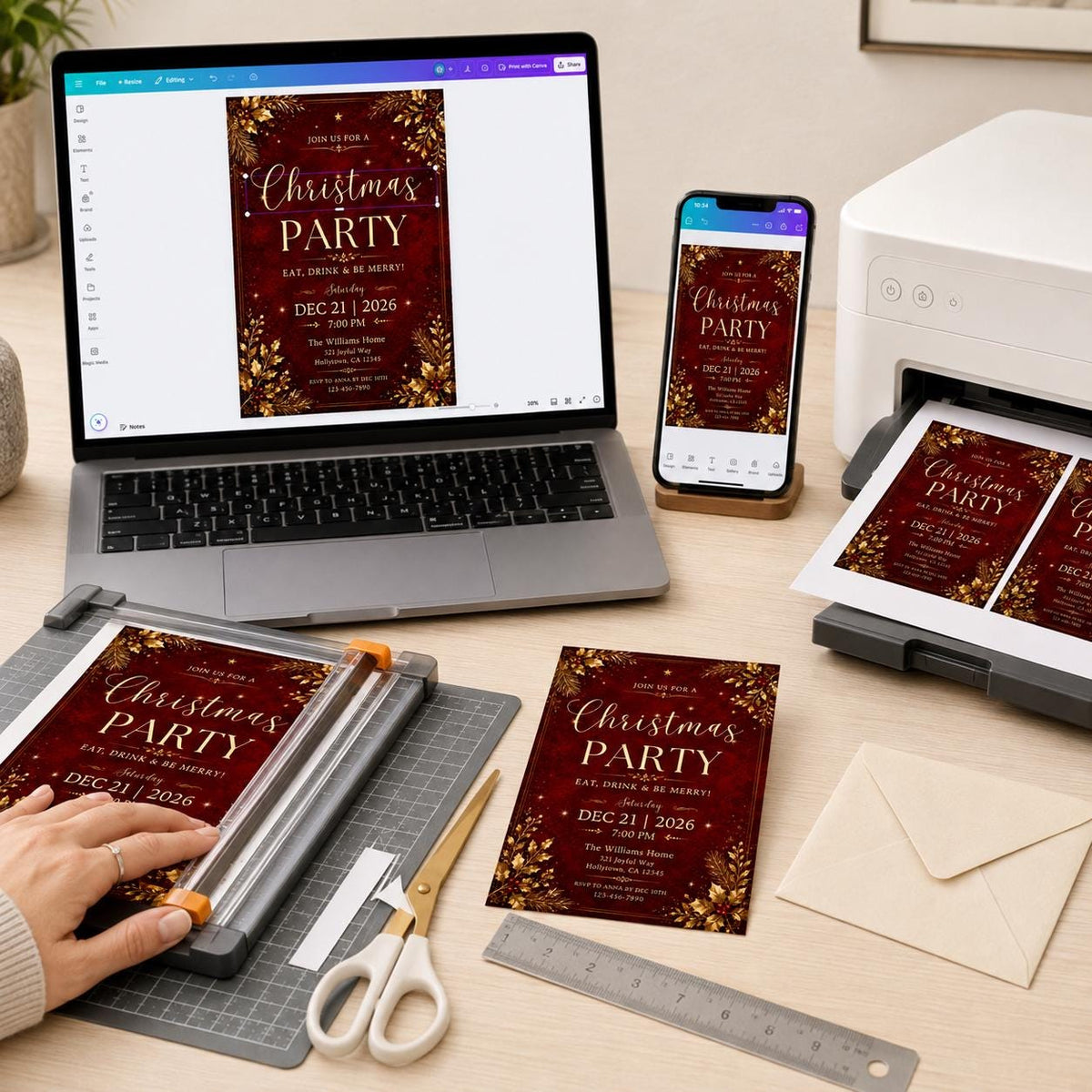 Red and Gold Christmas Party Invitation: Elegant Red Gold Holiday Dinner — digital invitation, instant download