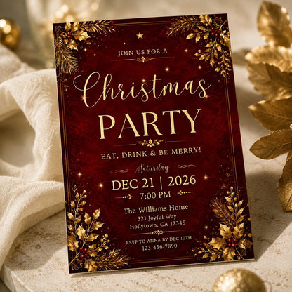Red and Gold Christmas Party Invitation: Elegant Red Gold Holiday Dinner — Christmas celebration stationery by VoltBy