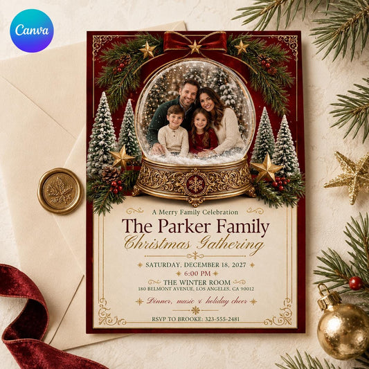 Red and Gold Christmas Party Invitation: Snow Globe Family Gathering Photo — editable Canva template