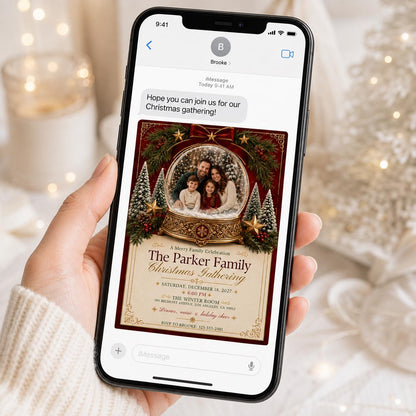 Red and Gold Christmas Party Invitation: Snow Globe Family Gathering Photo — invitation you personalize in Canva