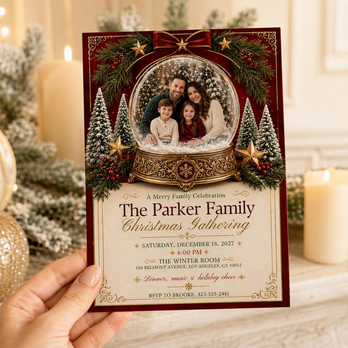 Red and Gold Christmas Party Invitation: Snow Globe Family Gathering Photo — print-ready Christmas celebration design