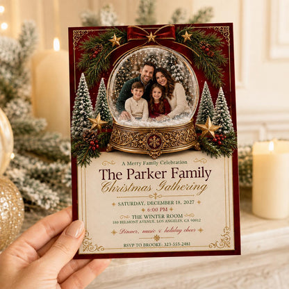 Red and Gold Christmas Party Invitation: Snow Globe Family Gathering Photo — print-ready Christmas celebration design