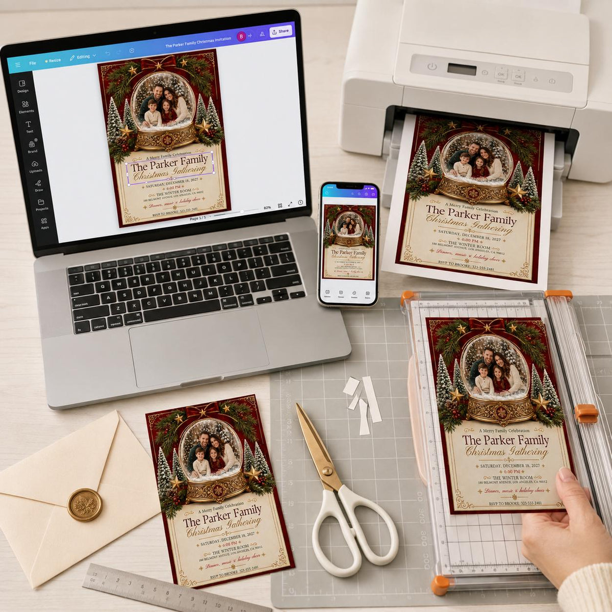 Red and Gold Christmas Party Invitation: Snow Globe Family Gathering Photo — digital invitation, instant download