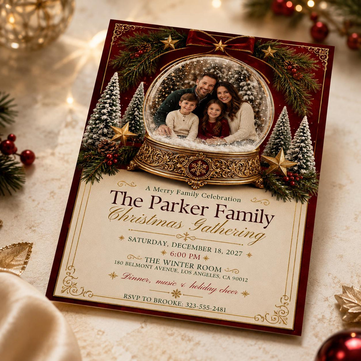 Red and Gold Christmas Party Invitation: Snow Globe Family Gathering Photo — Christmas celebration stationery by VoltBy