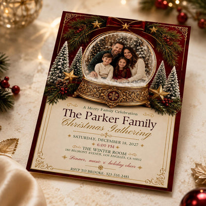 Red and Gold Christmas Party Invitation: Snow Globe Family Gathering Photo — Christmas celebration stationery by VoltBy