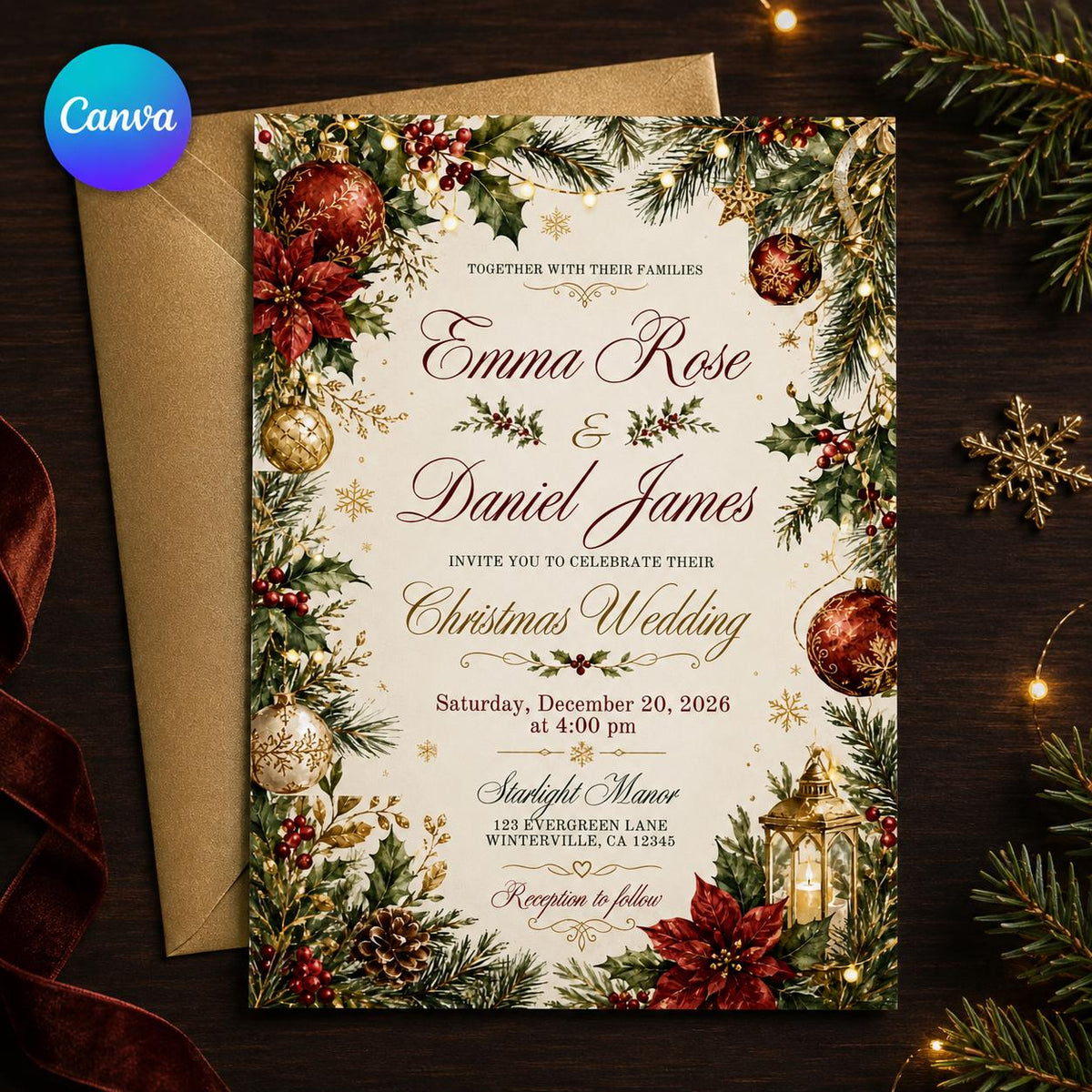 Red and Gold Christmas Wedding Invitation — editable Canva template