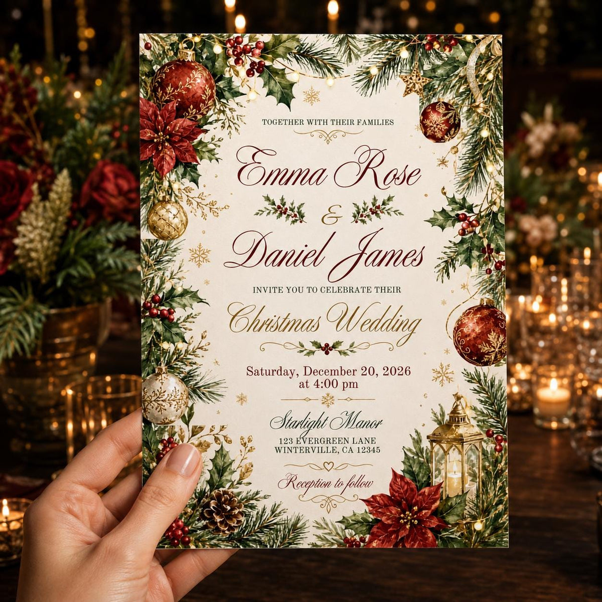Red and Gold Christmas Wedding Invitation — invitation you personalize in Canva