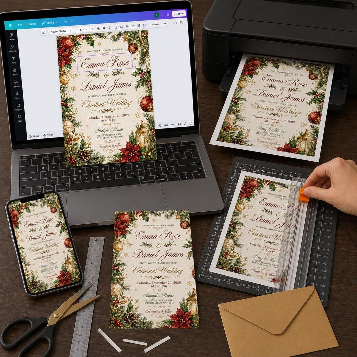 Red and Gold Christmas Wedding Invitation — elegant wedding design