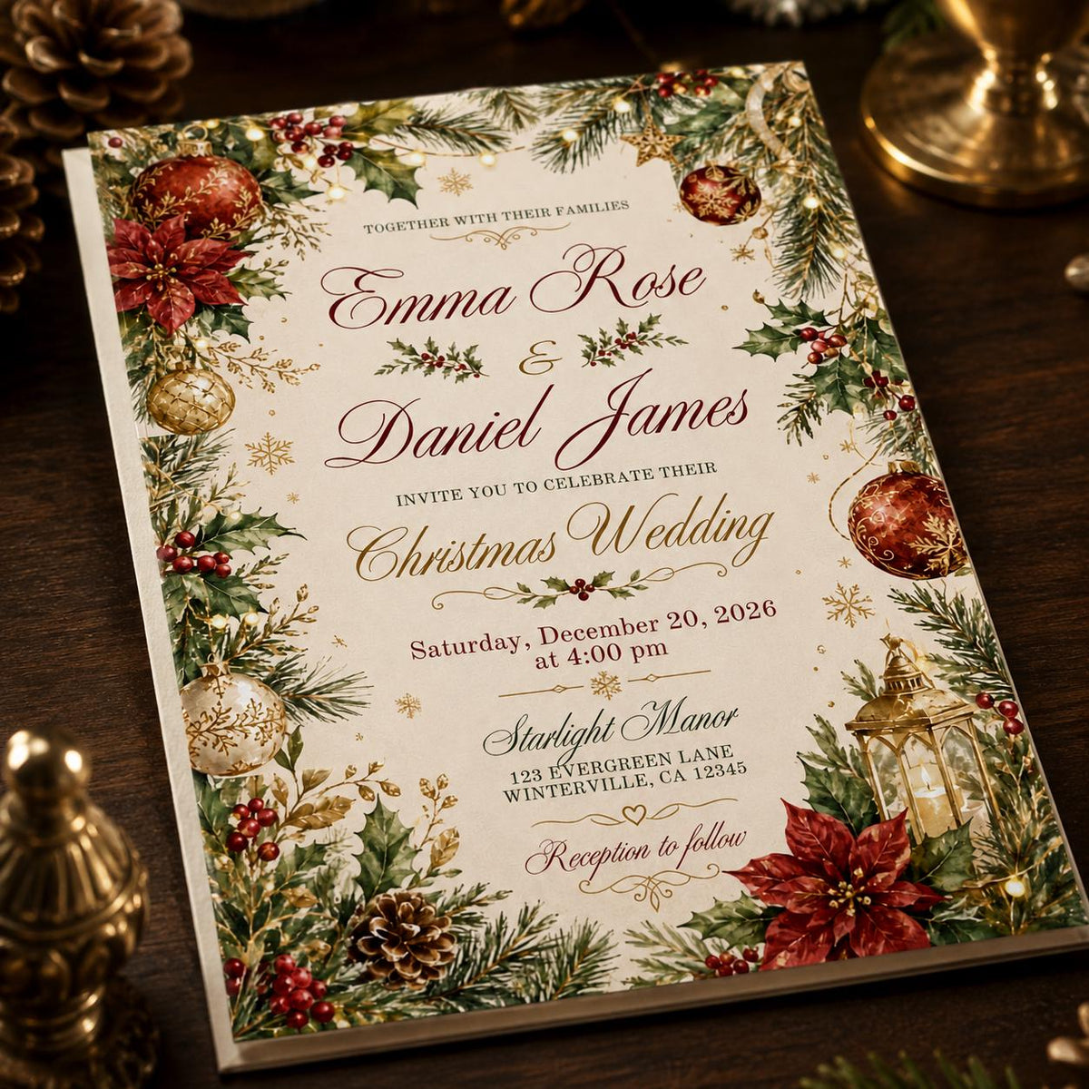 Red and Gold Christmas Wedding Invitation — print-ready wedding design from VoltBy
