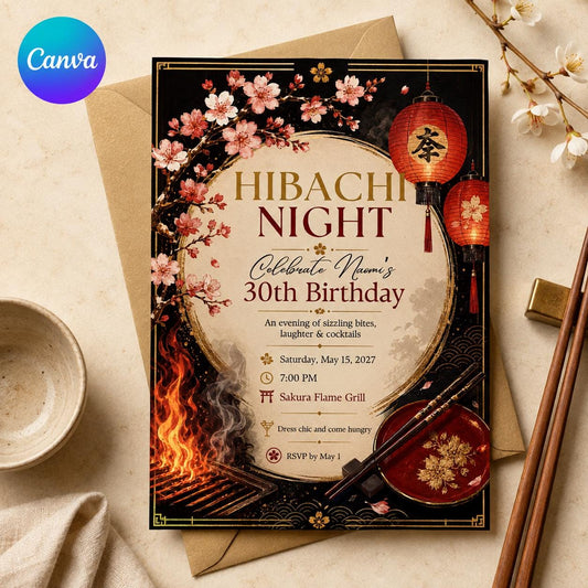 Red and Gold Hibachi 30th Birthday Invitation — editable Canva template