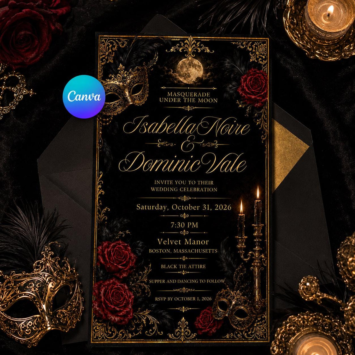 Red and Gold Masquerade Wedding Invitation — editable Canva template