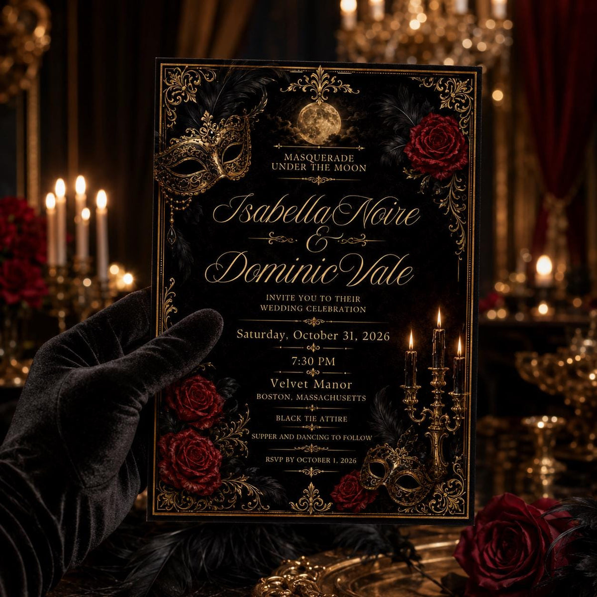 Red and Gold Masquerade Wedding Invitation in black