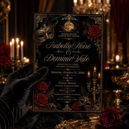 Red and Gold Masquerade Wedding Invitation in black