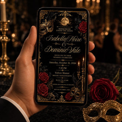 Red and Gold Masquerade Wedding Invitation — rose design