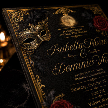 Red and Gold Masquerade Wedding Invitation — invitation you personalize in Canva