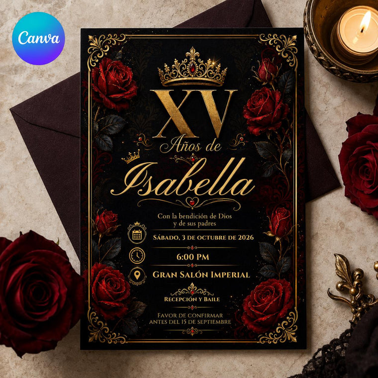 Red and Gold Quinceañera Invitation: Black Red Gold Rose Crown Mis XV Años Party