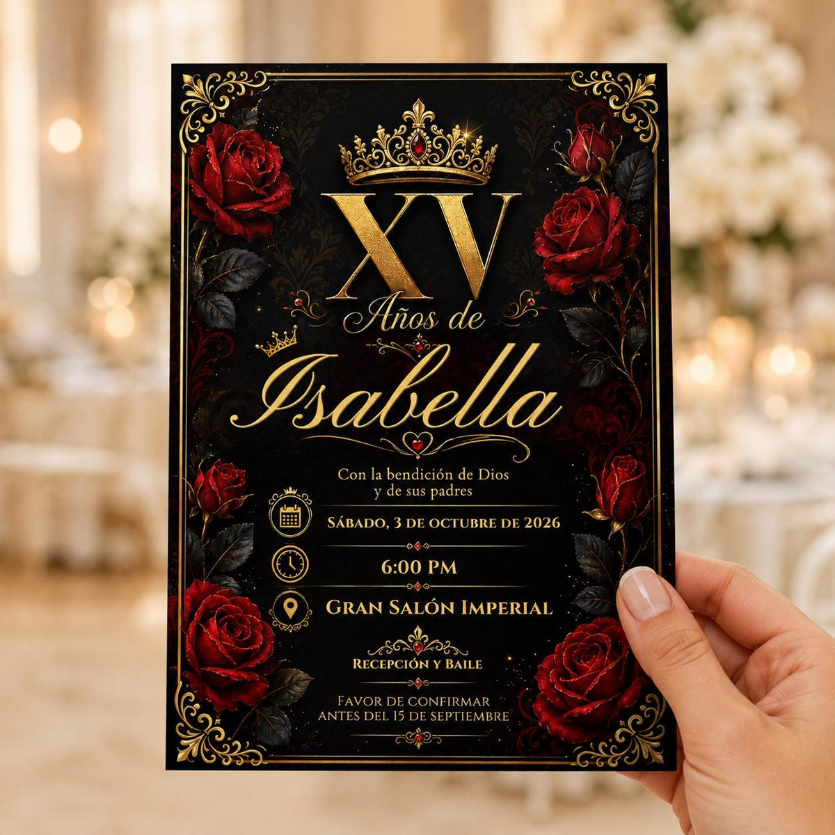 Red and Gold Quinceañera Invitation: Black Red Gold Rose Crown Mis XV Años Party — invitation you personalize in Canva