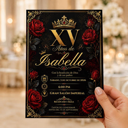 Red and Gold Quinceañera Invitation: Black Red Gold Rose Crown Mis XV Años Party — invitation you personalize in Canva