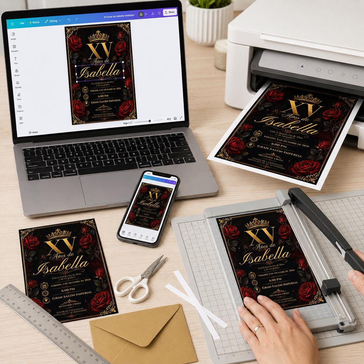 Red and Gold Quinceañera Invitation: Black Red Gold Rose Crown Mis XV Años Party — elegant quinceañera design