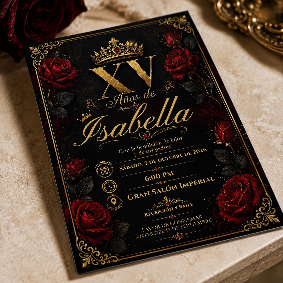 Red and Gold Quinceañera Invitation: Black Red Gold Rose Crown Mis XV Años Party — print-ready quinceañera design from VoltBy