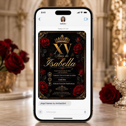 Red and Gold Quinceañera Invitation: Black Red Gold Rose Crown Mis XV Años Party — digital invitation, instant download