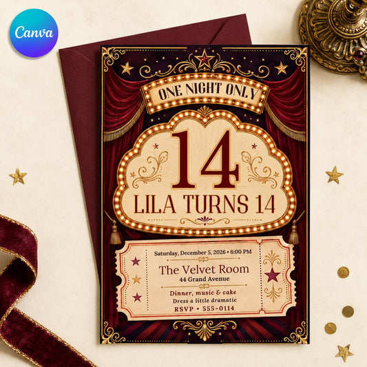 Red and Gold Vintage Circus 14th Birthday Invitation — editable Canva template