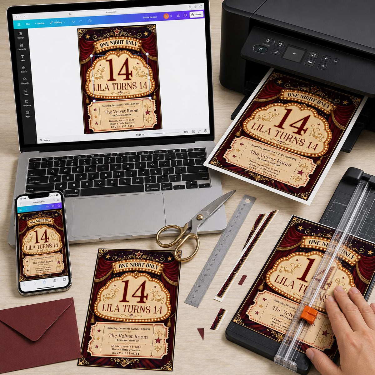 Red and Gold Vintage Circus 14th Birthday Invitation — print-ready 14th birthday party design from VoltBy
