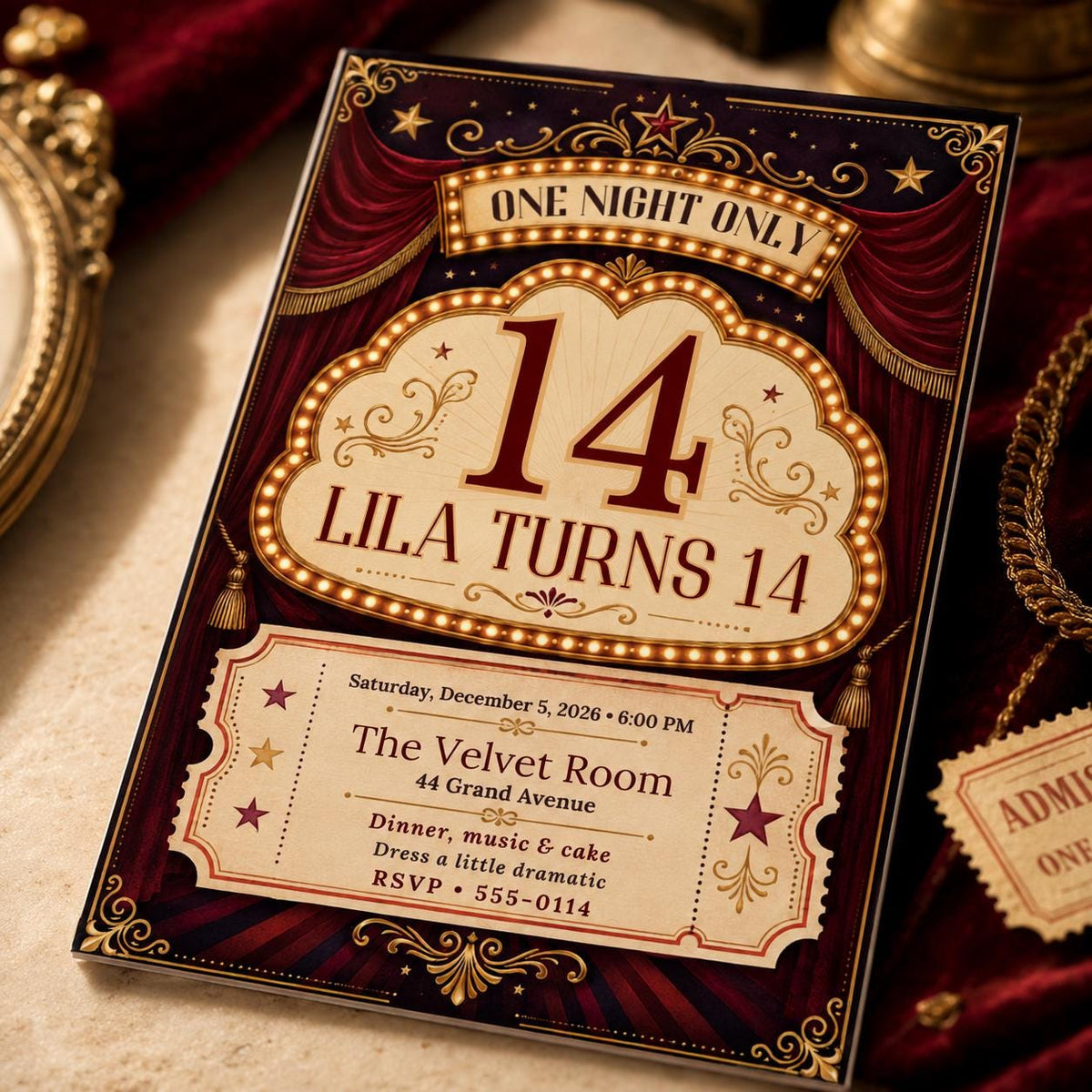 Red and Gold Vintage Circus 14th Birthday Invitation — digital invitation, instant download
