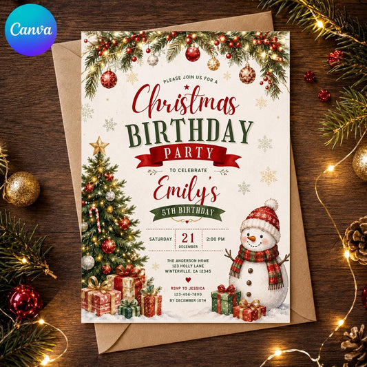 Red and Green Christmas 5th Birthday Invitation for Girls — editable Canva template