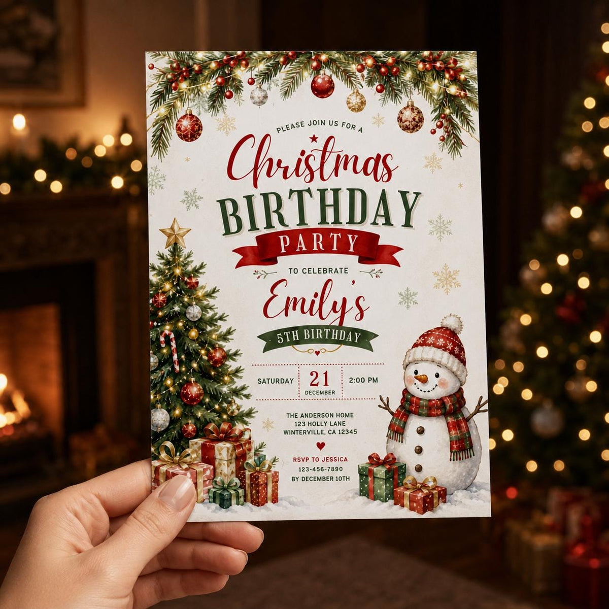 Red and Green Christmas 5th Birthday Invitation for Girls — invitation you personalize in Canva